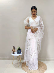 New designer sequence embroidery on premium net  white saree