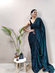 Rama blue colour 1 min ready to wear designer saree