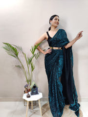 Rama blue colour 1 min ready to wear designer saree