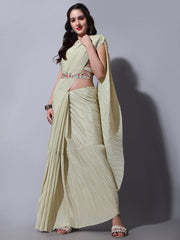 Half crush pleated beige saree with beautiful thread sequence work saree