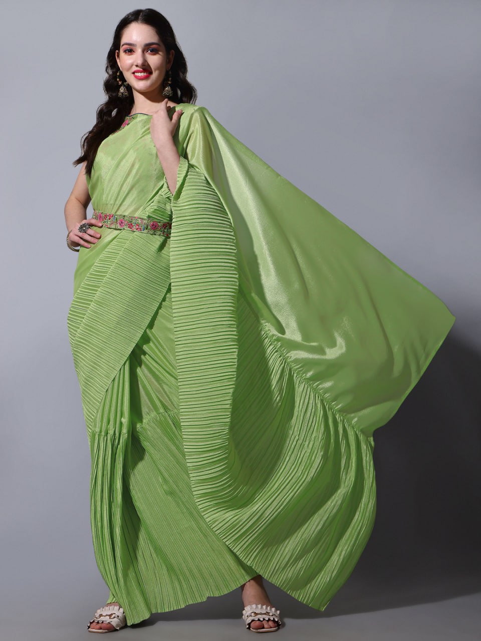 Half crush pleated pista green saree with beautiful thread sequence work saree