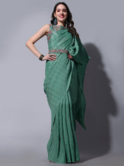 Half crush pleated green saree with beautiful thread sequence work saree