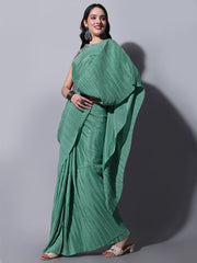 Half crush pleated green saree with beautiful thread sequence work saree