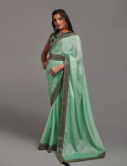 Beautiful lace border designer pista green saree with sequence embroidery work blouse