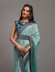 Beautiful lace border designer sky blue saree with sequence embroidery work blouse