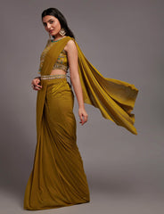 Mustard yellow  1 min ready to wear saree with designer blouse