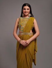 Mustard yellow  1 min ready to wear saree with designer blouse
