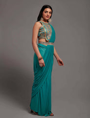 Rama blue 1 min ready to wear saree with designer blouse