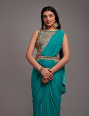 Rama blue 1 min ready to wear saree with designer blouse