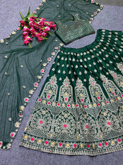 Green Colour Embroidered Attractive Party Wear Silk Lehenga