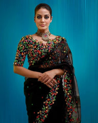 Black multi thread work georgette saree