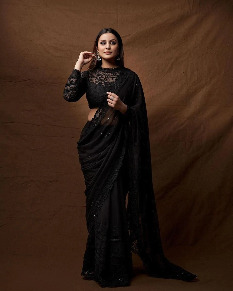 In Full Bloom Black Saree with Floral Embroidered Blouse – Talking Threads