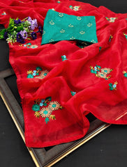 Embroidery bead & Thread work organza saree