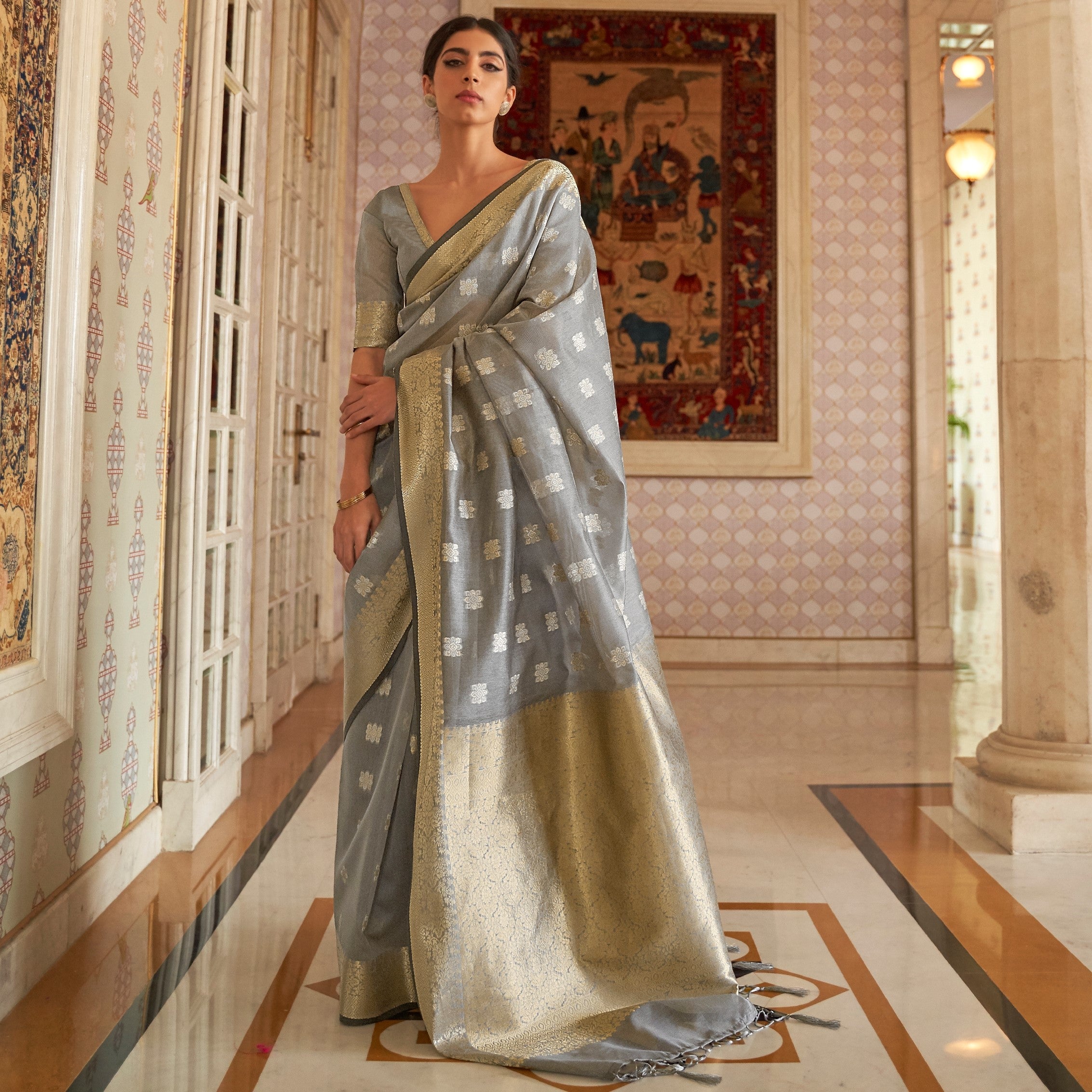 Gray colour pure modal weaving silk saree