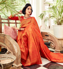 Orange Soft handloom weaving Silk Saree