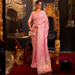 Baby pink colour pure satin weaving silk saree