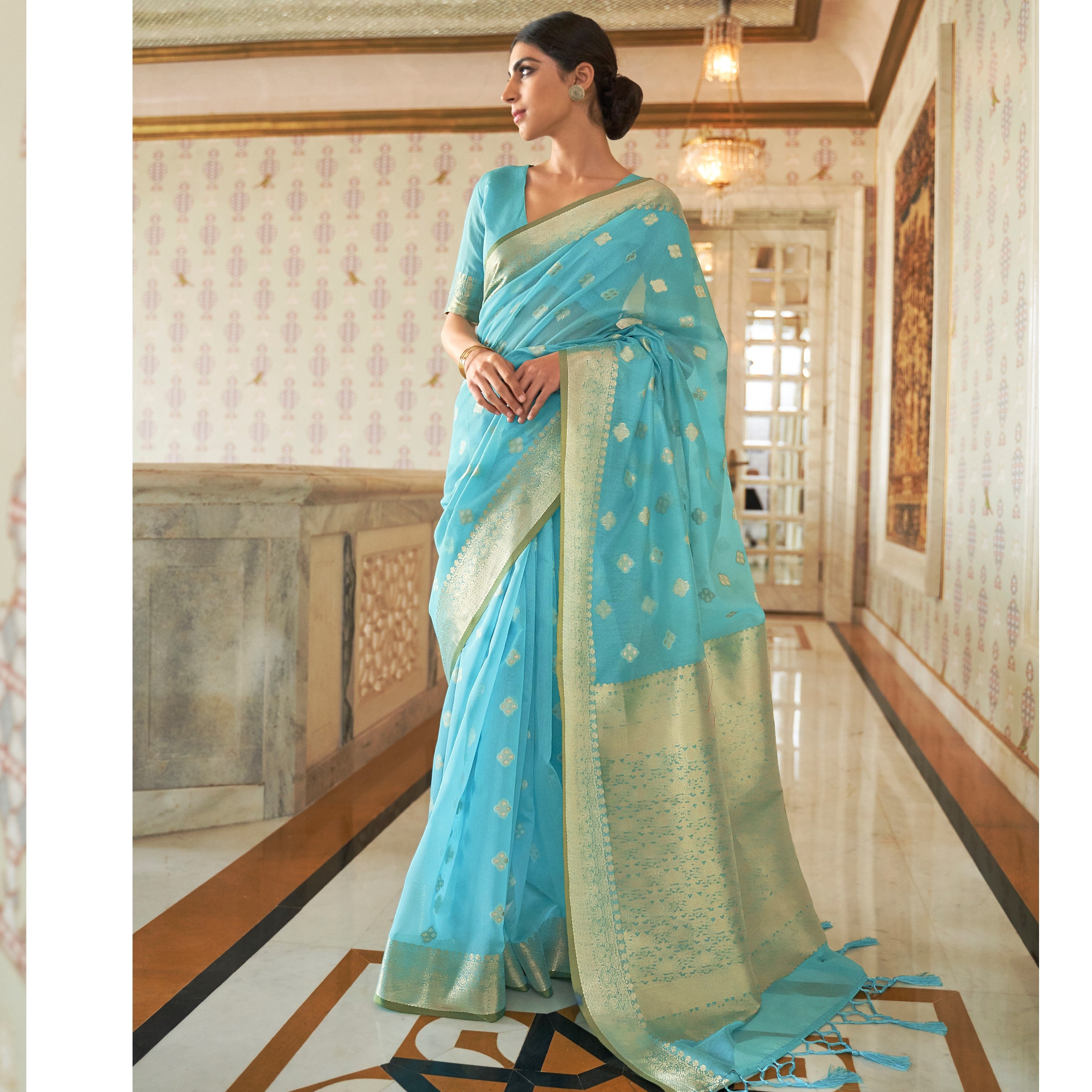 Pure modal weaving sky blue colour silk saree