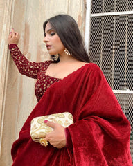 Designer velvet saree with beautiful embroidery work