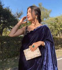 Designer velvet saree with beautiful embroidery work