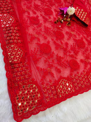 Beautiful embroidery with mirror and diamond work net saree