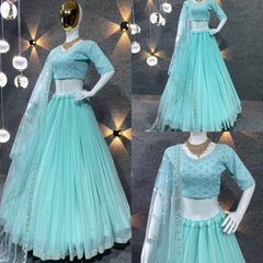Light Cyan Colour Embroidered Attractive Party Wear Silk Lehenga choli