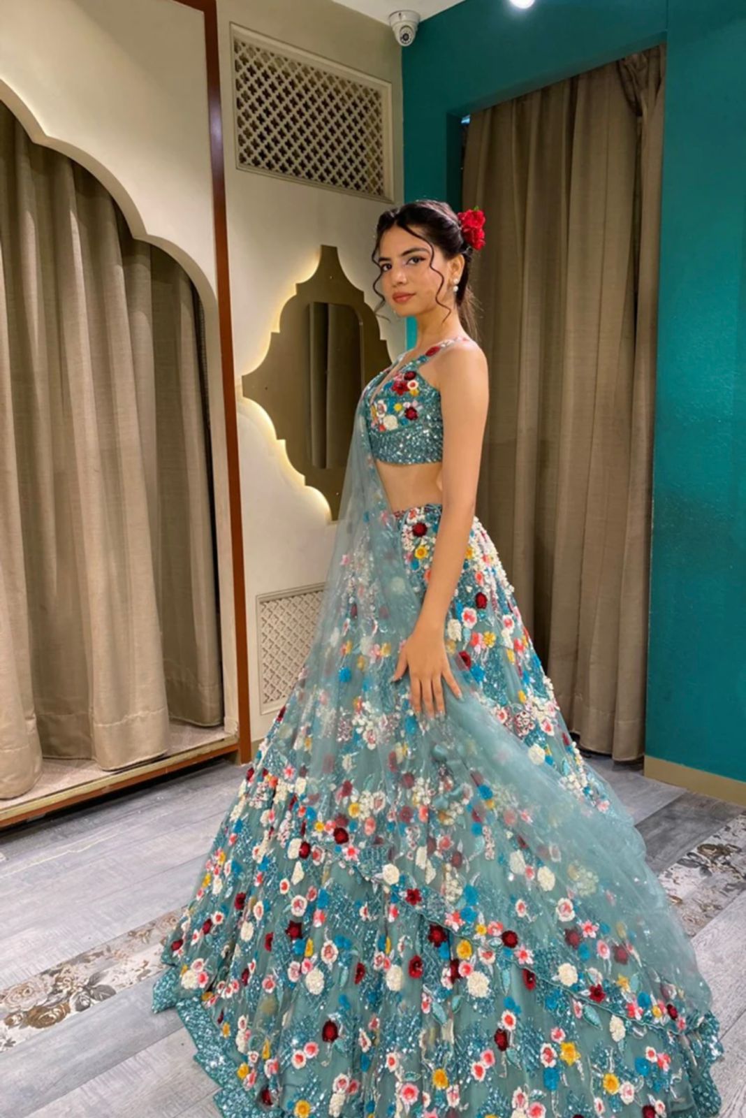 Buy Blue Georgette Dupatta Soft Floral Embellished Bridal Lehenga Set For  Women by Seema Gujral Online at Aza Fashions.