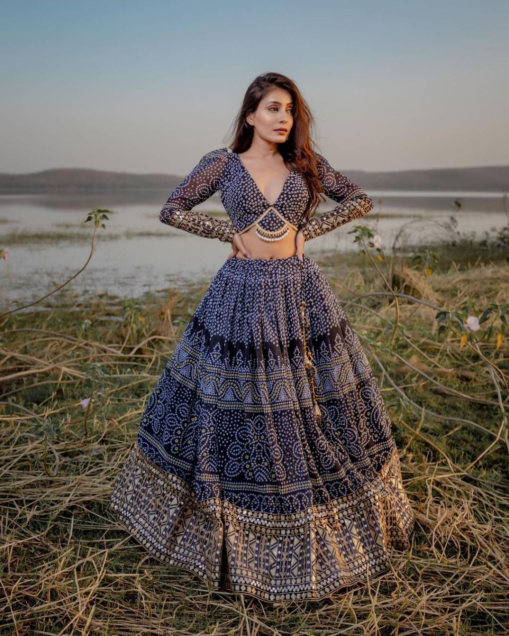 New style designer navy blue bandhani print lehenga choli
