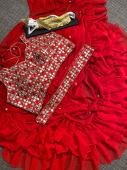 Beautiful red moti work ruffle saree