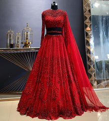 Red colour bridal wear sequence work net lehenga choli