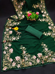 Green colour embroidery work Georgette Silk saree