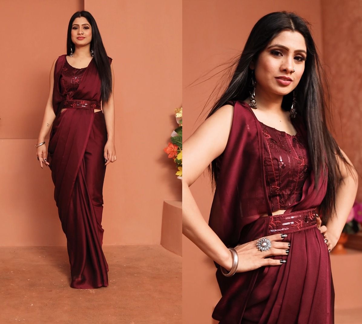 Ready to wear fancy sequence rangoli silk saree - shoplance