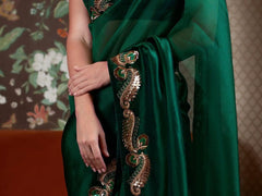 Green color designer sequence and zari work silk saree