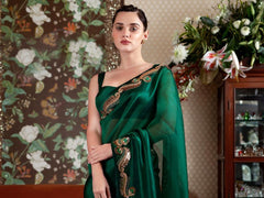 Green color designer sequence and zari work silk saree