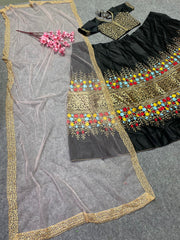 Black colour embroidery work party wear silk lehenga choli