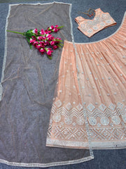 Peach colour embroidery work net and silk lehenga choli