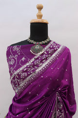 beautiful thread work vichitra silk saree