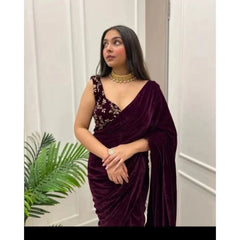 Wine pure velvet embroidery work saree
