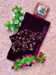 Wine pure velvet embroidery work saree