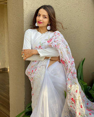 White colour cotton thread naylon organza saree