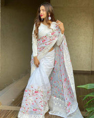 White colour cotton thread naylon organza saree