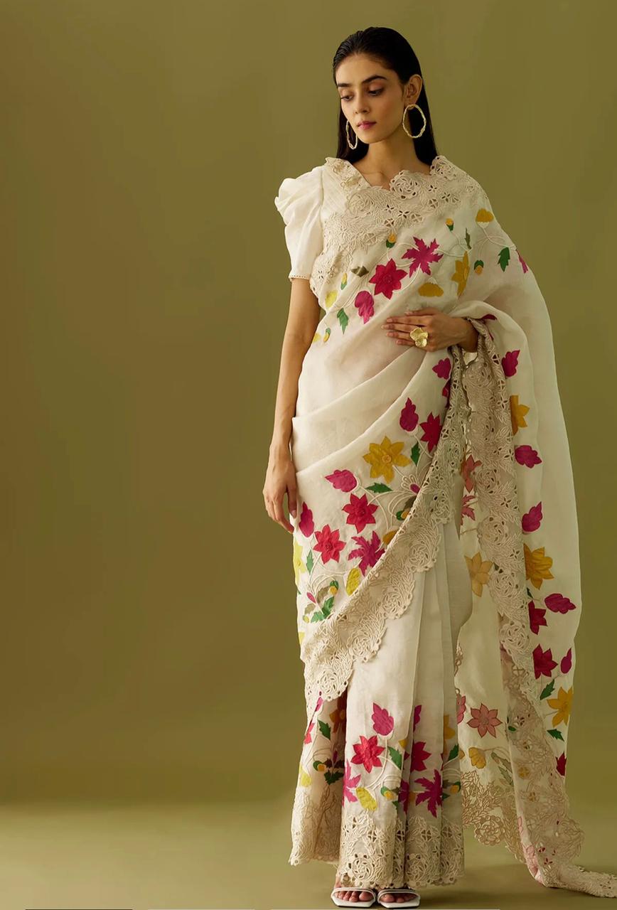 Beautiful thread work organza saree