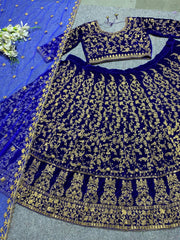 Navy blue zari and embroidered velvet lehenga choli