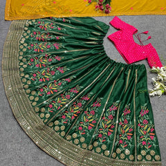 Green colour embroidered satin silk lehenga choli
