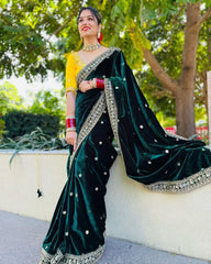Trending velvet saree with  beautiful embroidery work saree