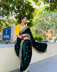 Trending velvet saree with  beautiful embroidery work saree