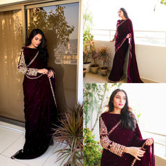 Beautiful silver embroidery  and moti work  velvet saree