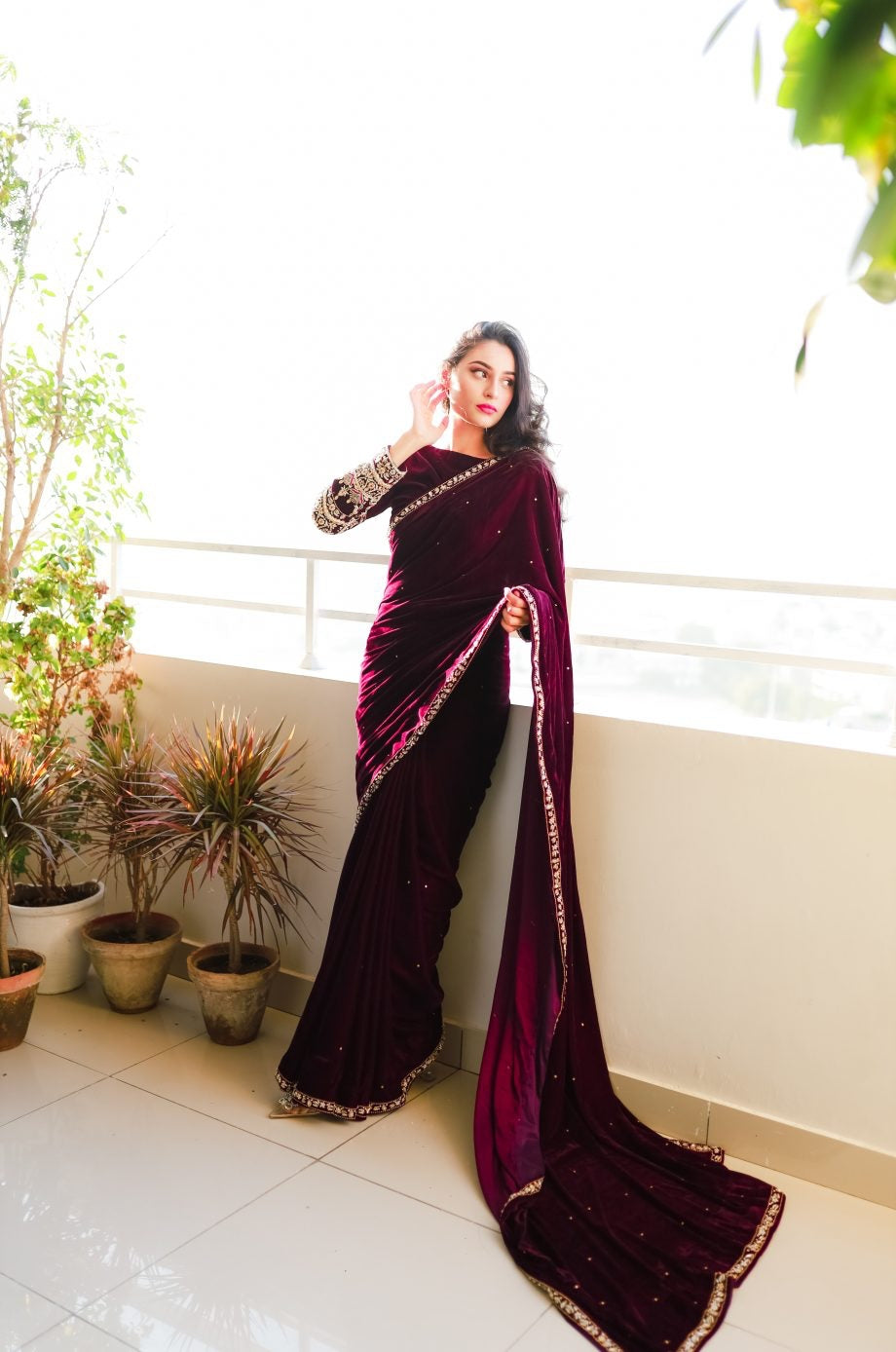 Beautiful silver embroidery  and moti work  velvet saree