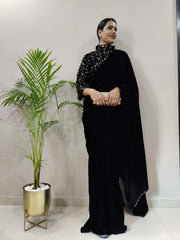 Beautiful ready to wear velvet saree with jacket style designer blouse