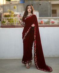 Beautiful designer sequence with zari thread embroidery work velvet saree