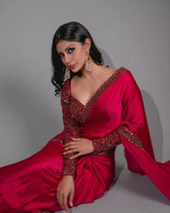 Bollywood style red colour embroidery work silk saree